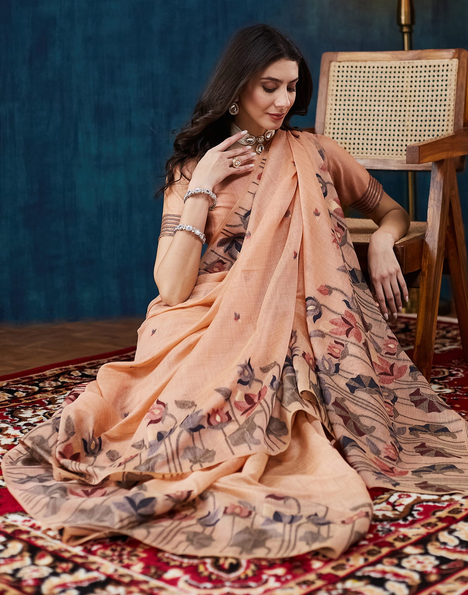 Dusty Peach Chanderi Weaving Jamdani Saree