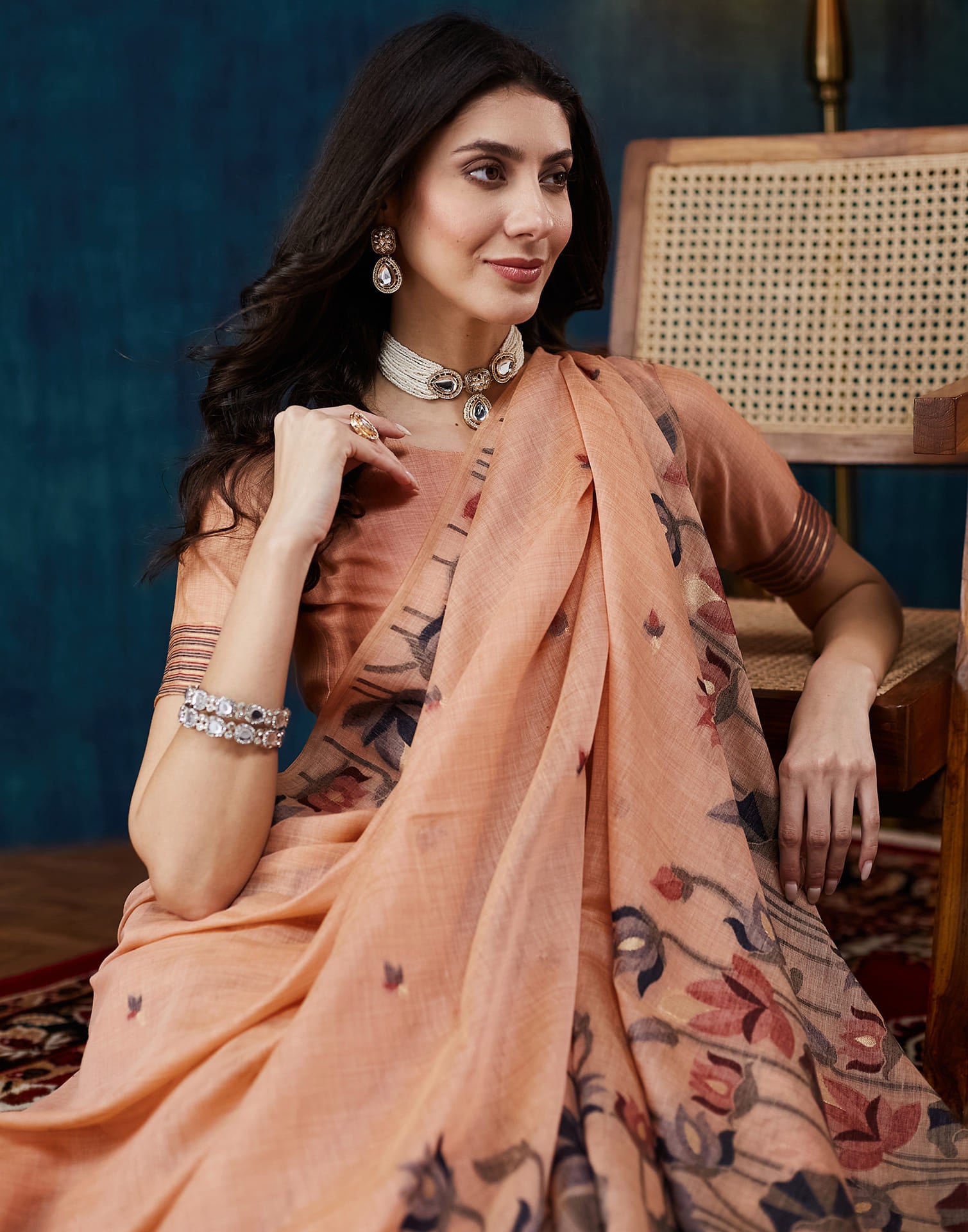 Dusty Peach Chanderi Weaving Jamdani Saree