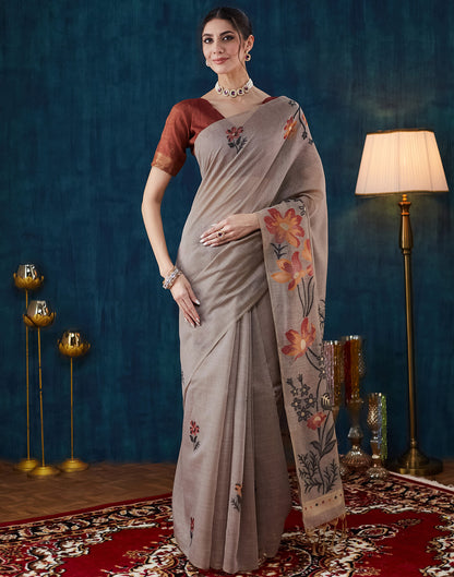 Warm Grey Chanderi Weaving Jamdani Saree