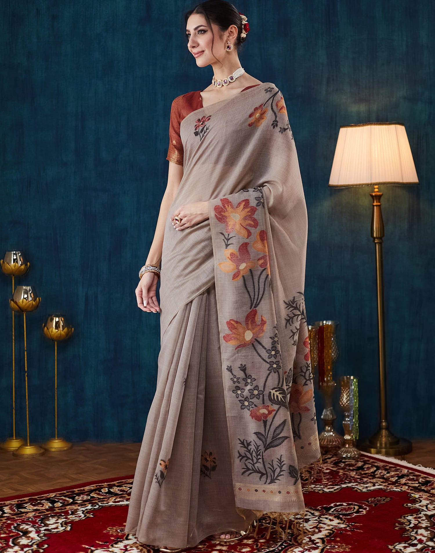 Warm Grey Chanderi Weaving Jamdani Saree