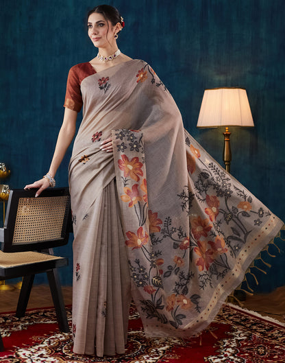 Warm Grey Chanderi Weaving Jamdani Saree