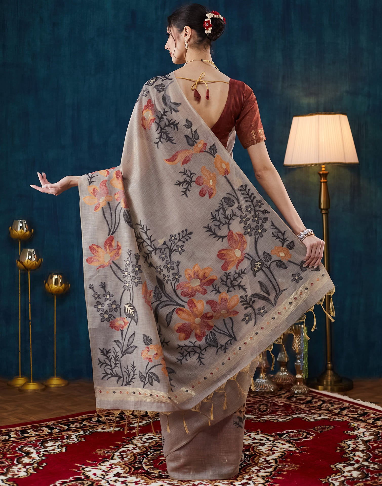 Warm Grey Chanderi Weaving Jamdani Saree