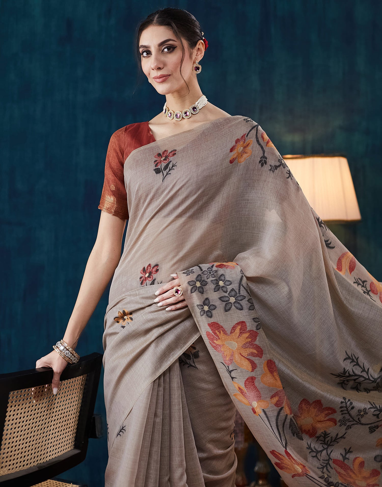 Warm Grey Chanderi Weaving Jamdani Saree