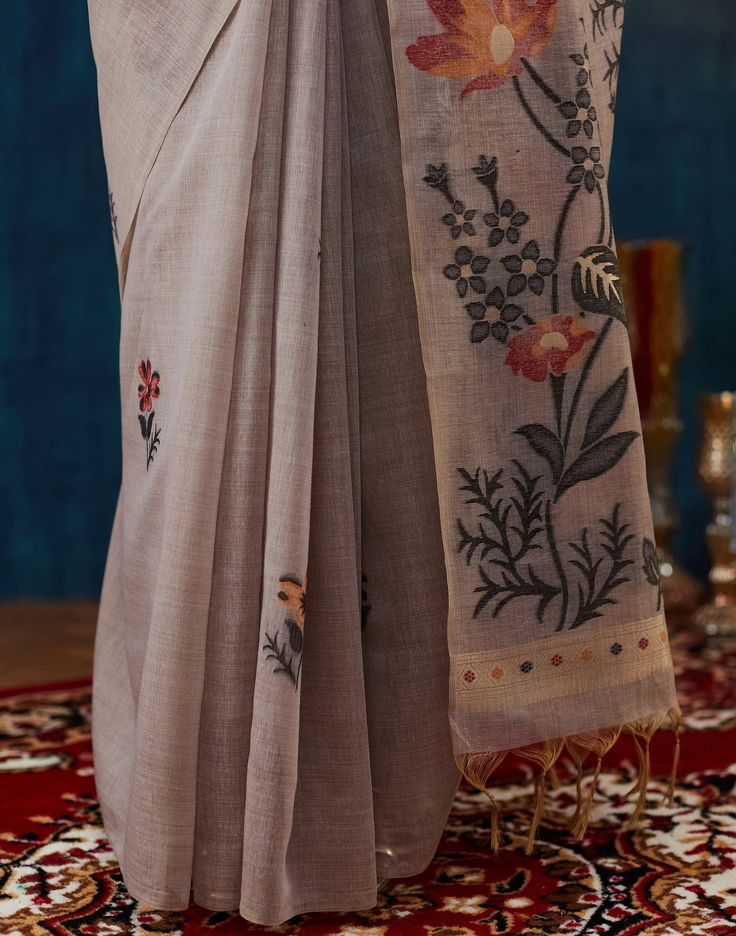 Warm Grey Chanderi Weaving Jamdani Saree