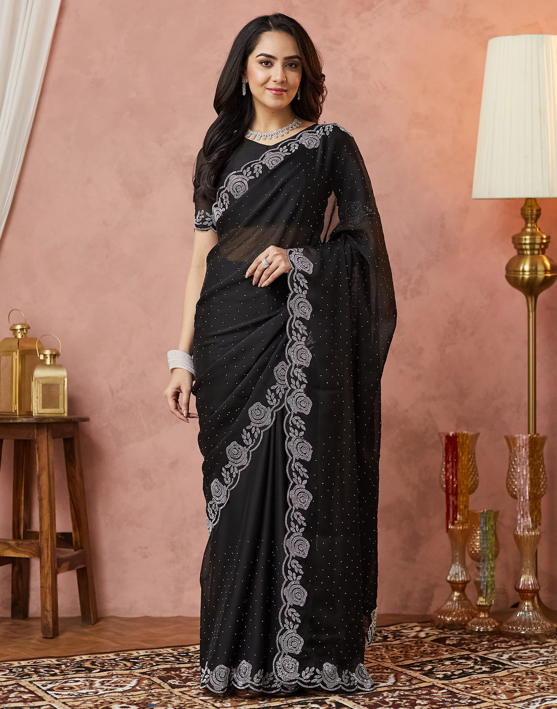 Black Georgette Stone Work Swarovski Saree