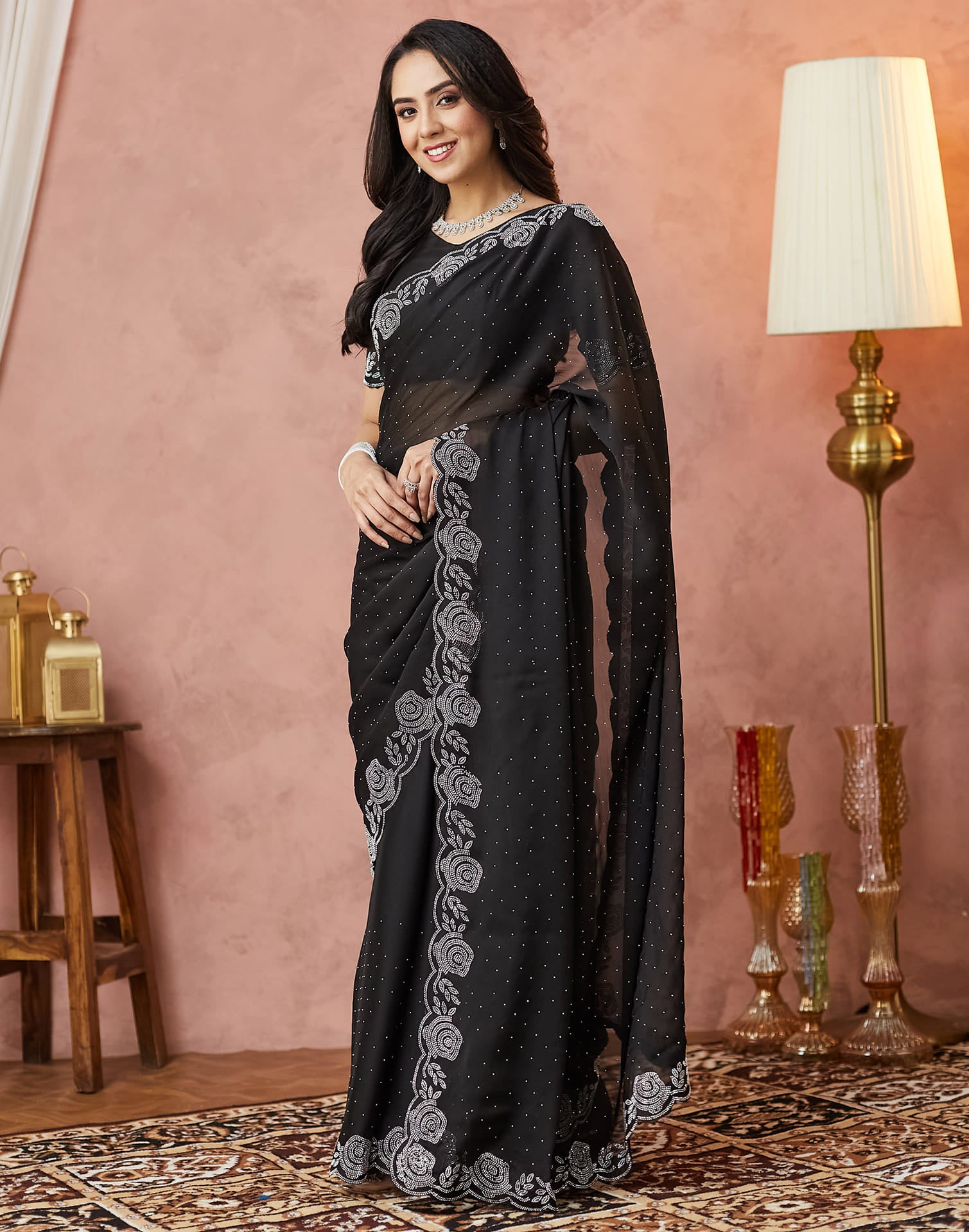 Black Georgette Stone Work Swarovski Saree