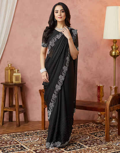 Black Georgette Stone Work Swarovski Saree