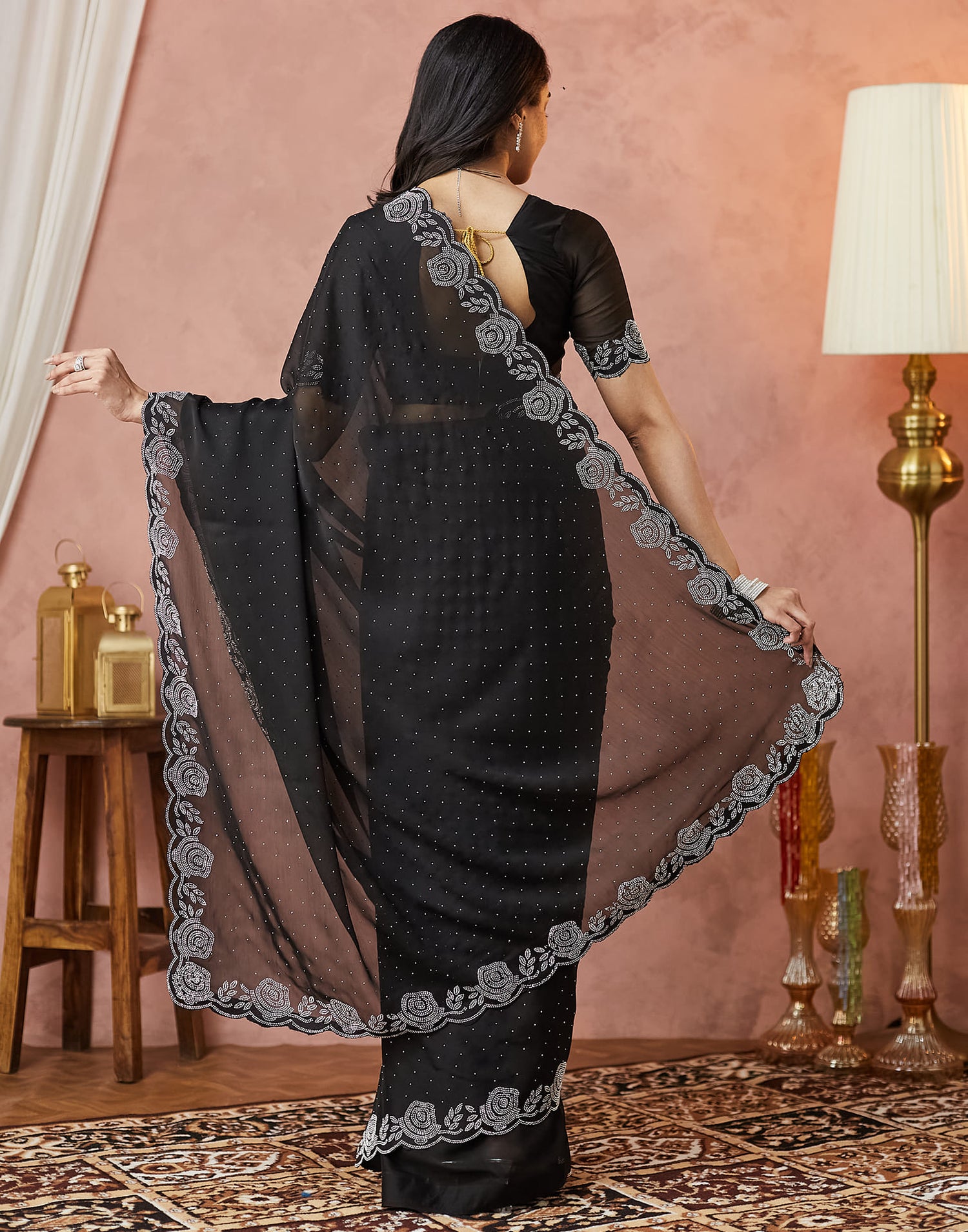 Black Georgette Stone Work Swarovski Saree