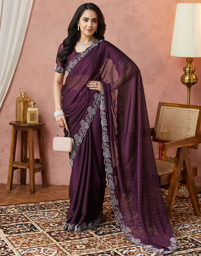 Dark Purple Georgette Stone Work Swarovski Saree