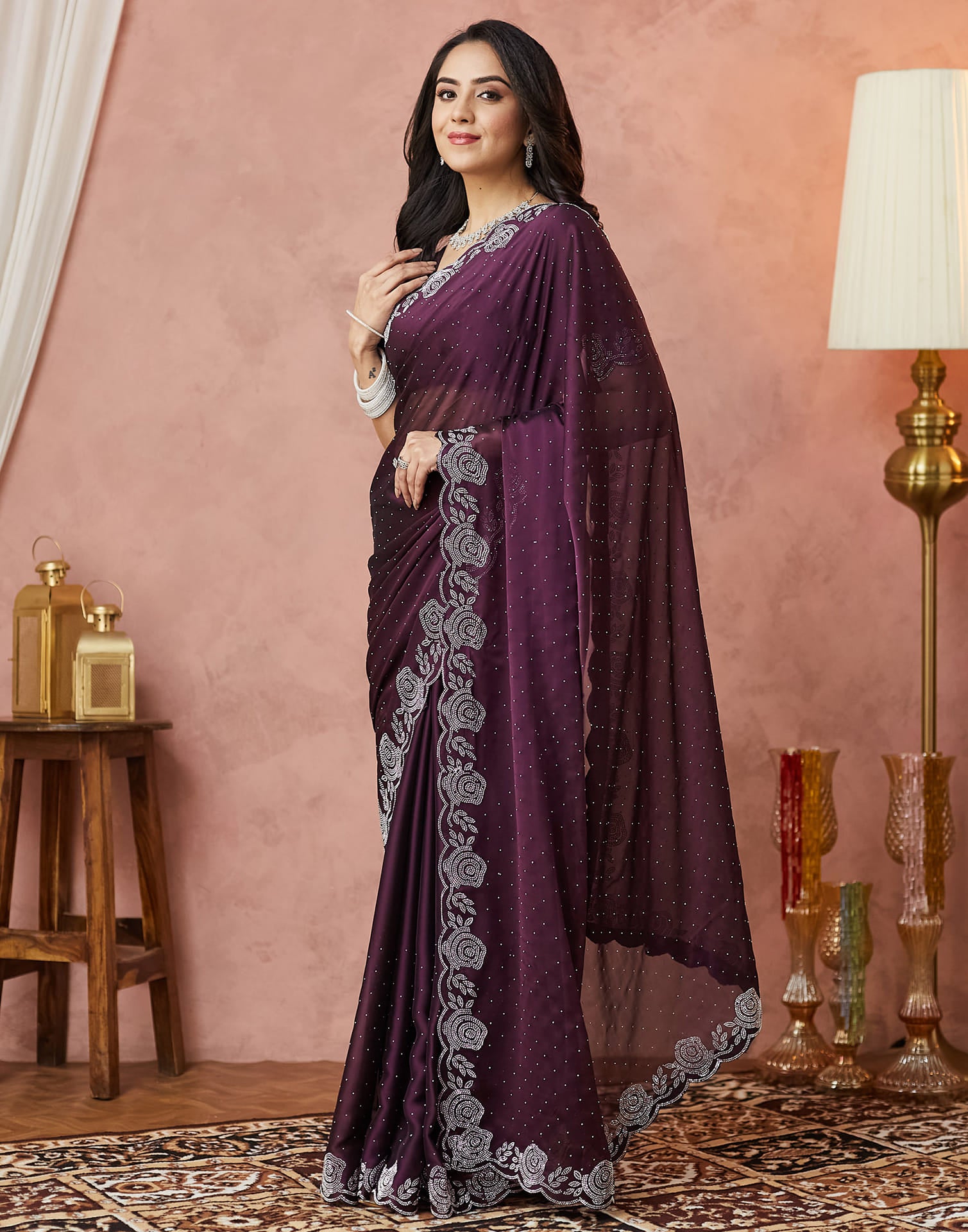 Dark Purple Georgette Stone Work Swarovski Saree