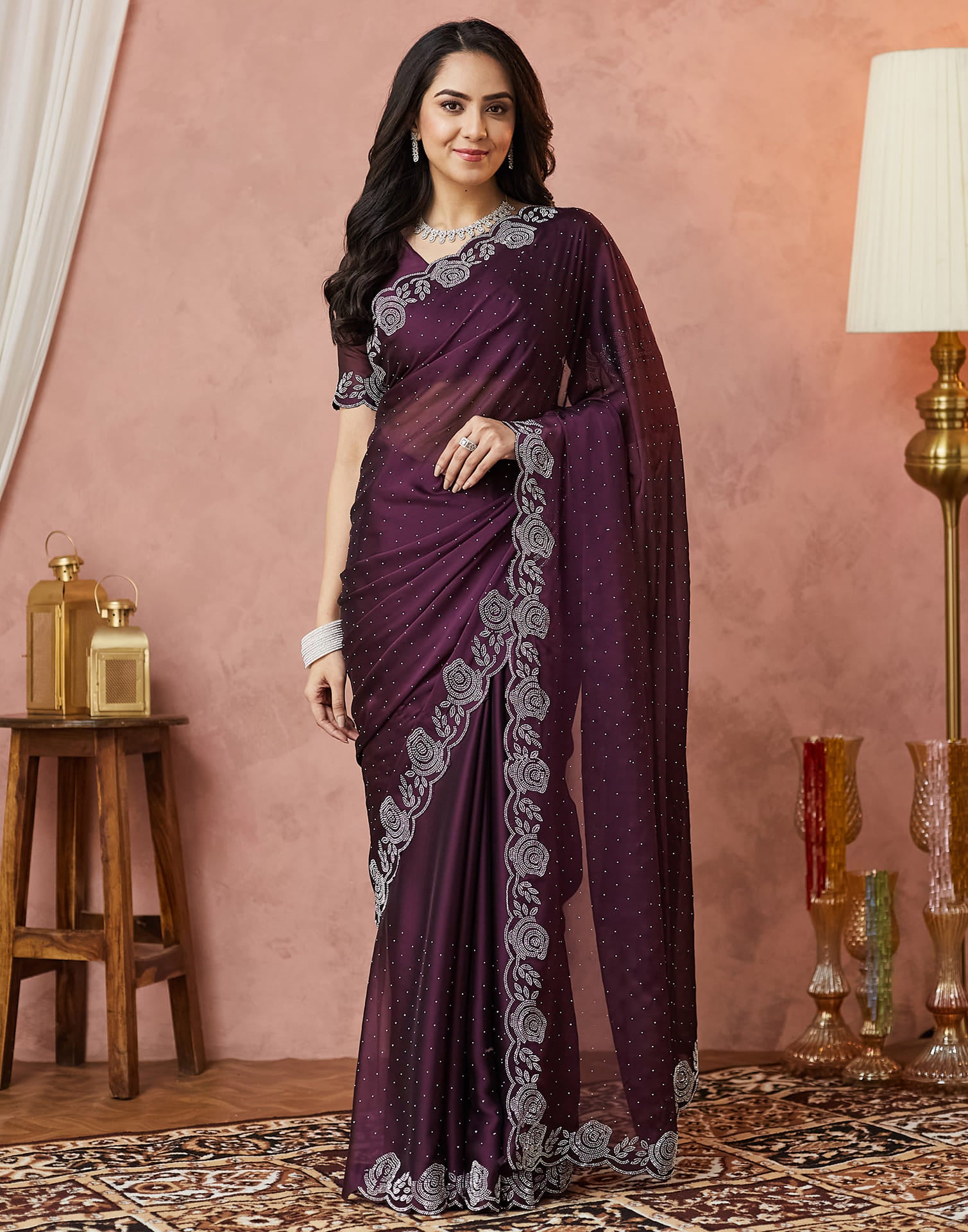 Dark Purple Georgette Stone Work Swarovski Saree