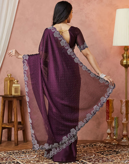 Dark Purple Georgette Stone Work Swarovski Saree