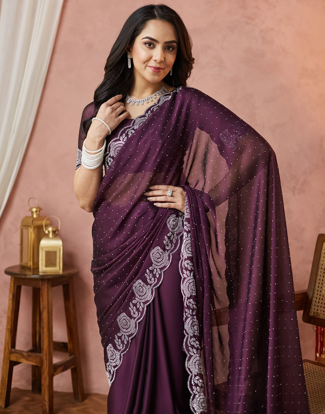 Dark Purple Georgette Swarovski Embellished Saree