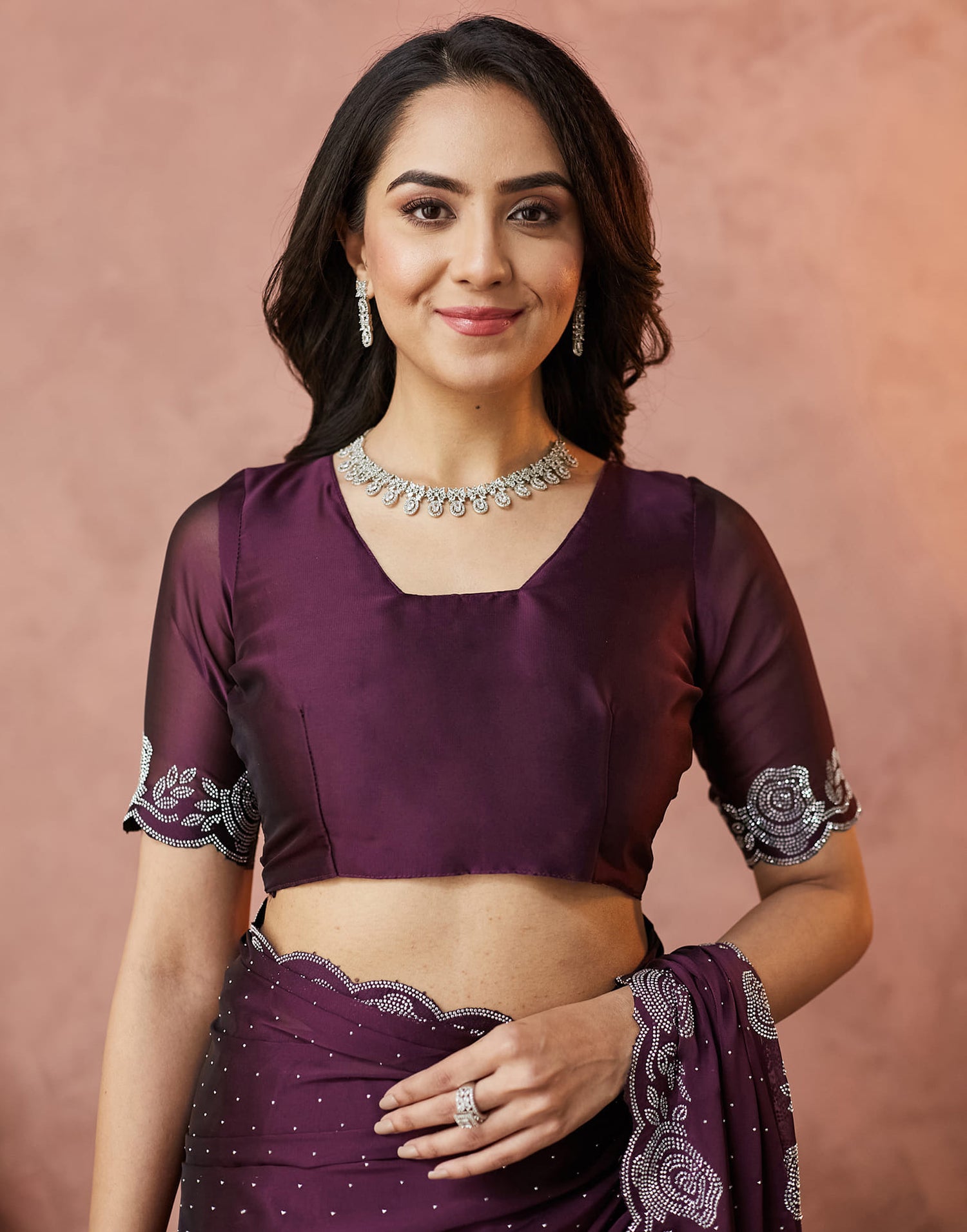 Dark Purple Georgette Stone Work Swarovski Saree