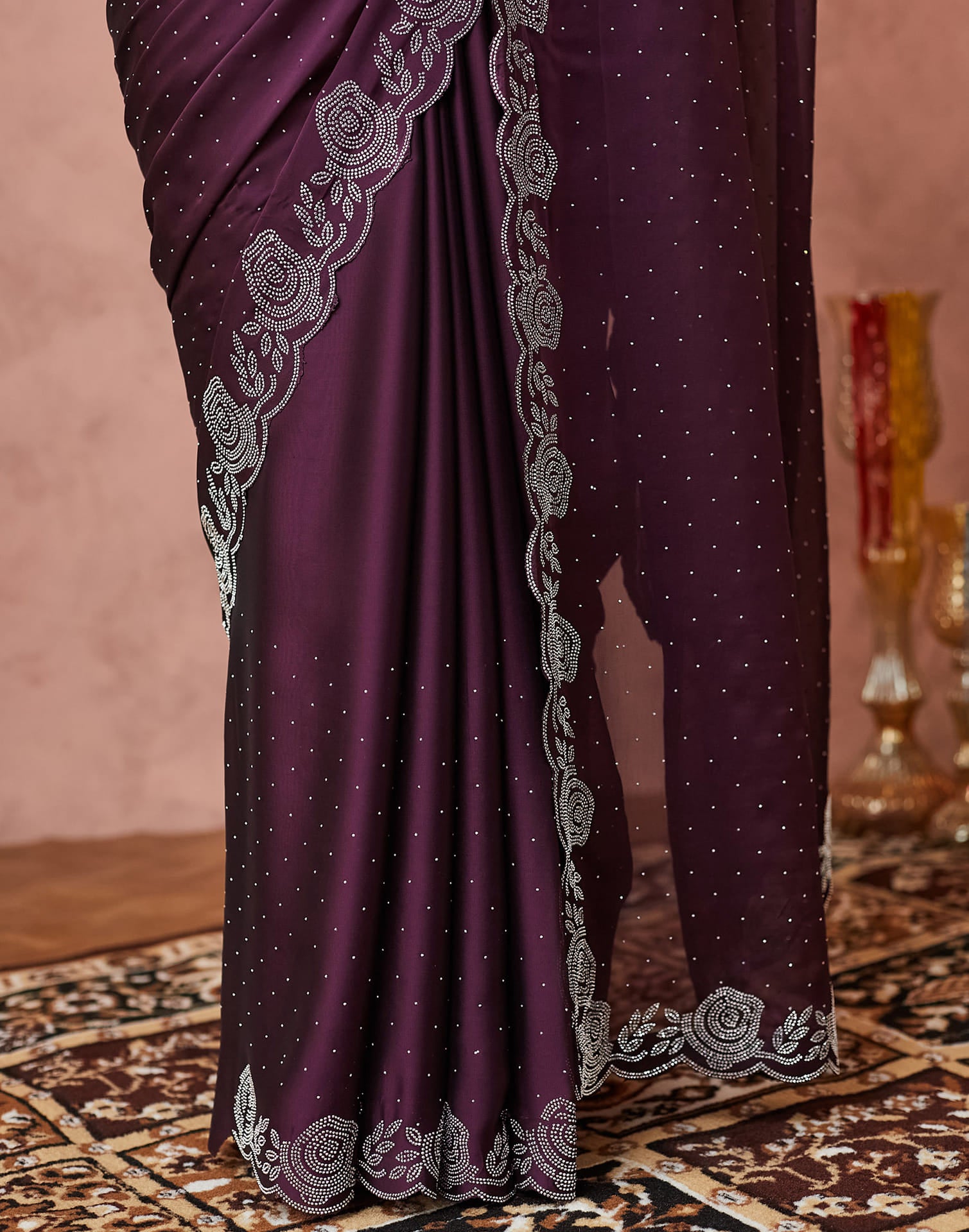 Dark Purple Georgette Stone Work Swarovski Saree