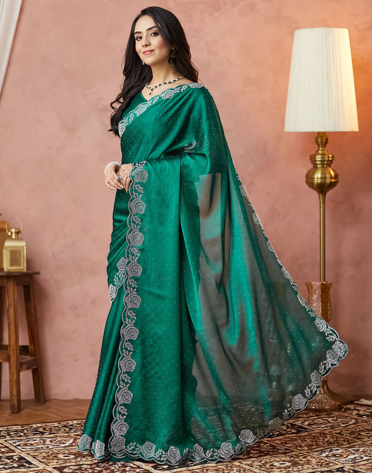 Dark Green Georgette Stone Work Swarovski Saree