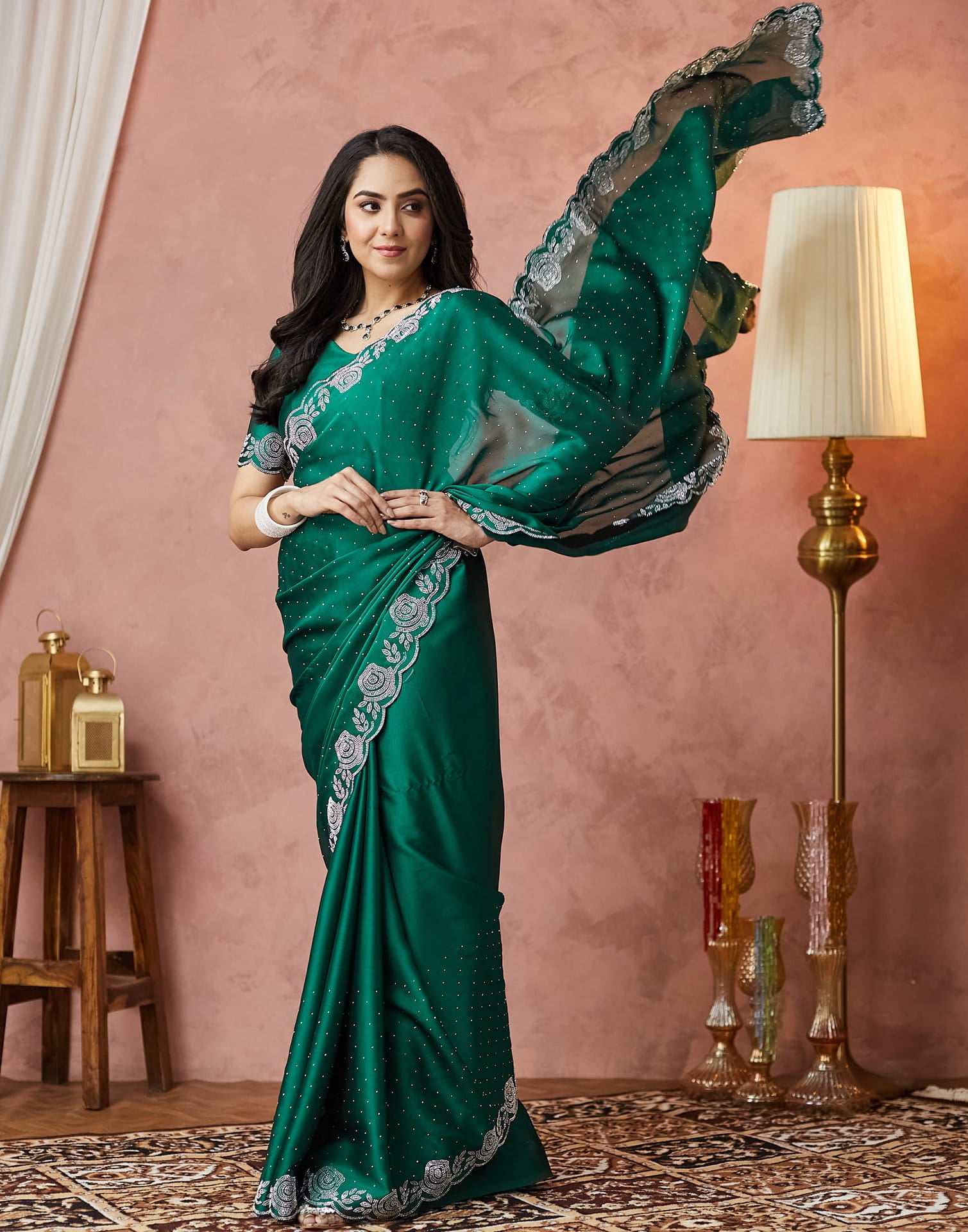 Dark Green Georgette Stone Work Swarovski Saree