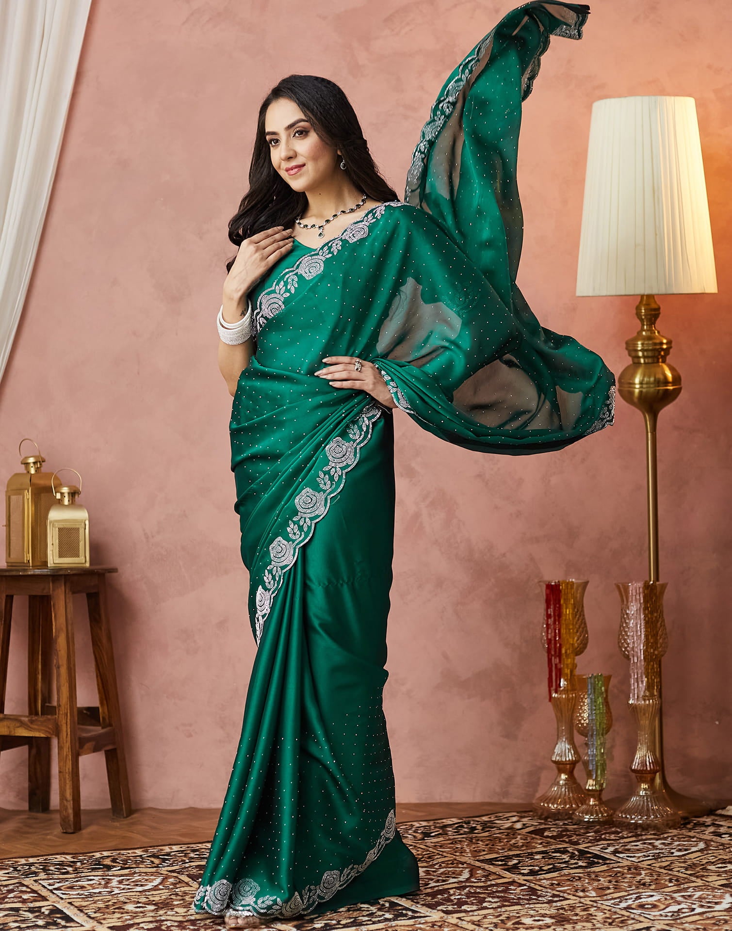 Dark Green Georgette Stone Work Swarovski Saree