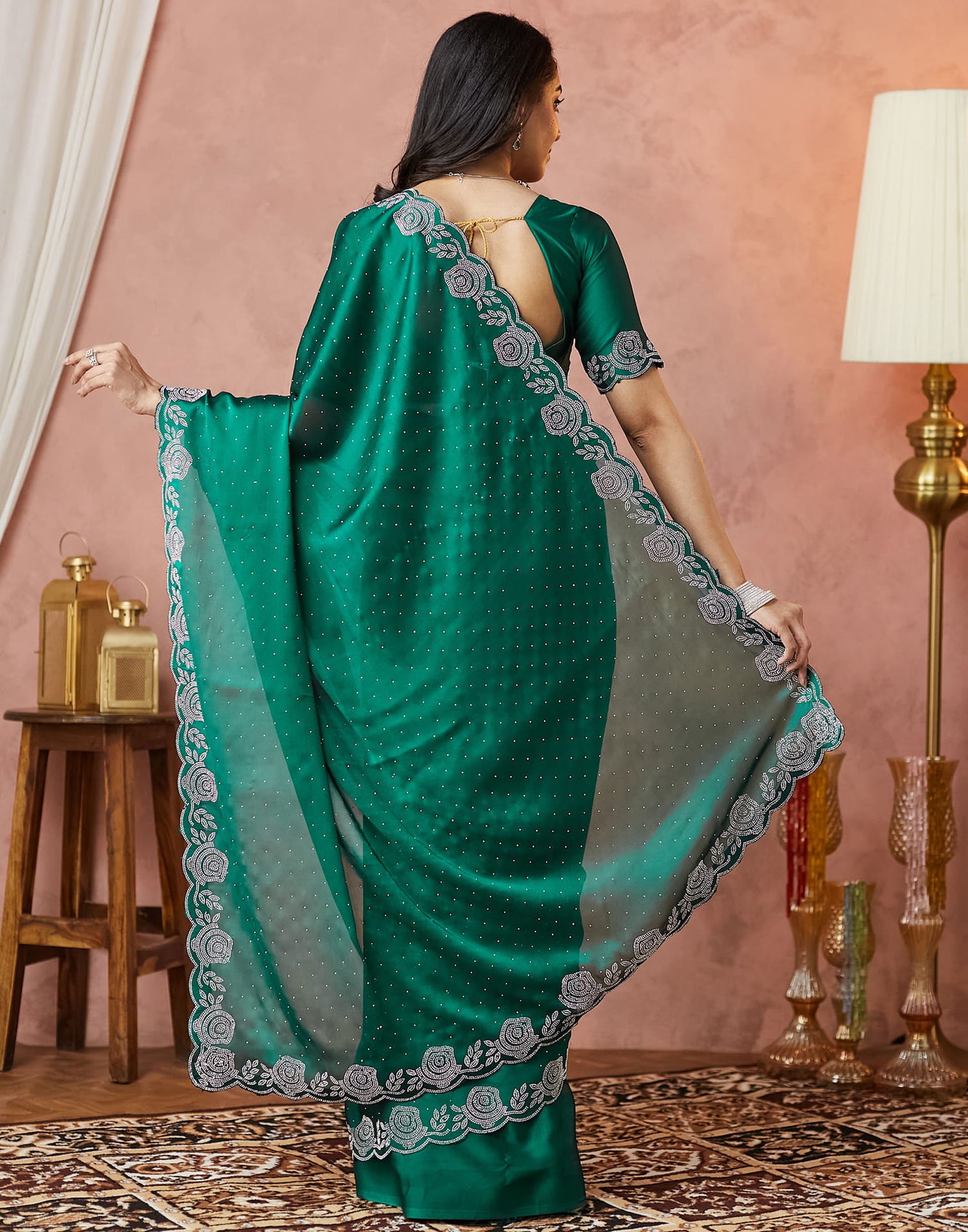 Dark Green Georgette Stone Work Swarovski Saree