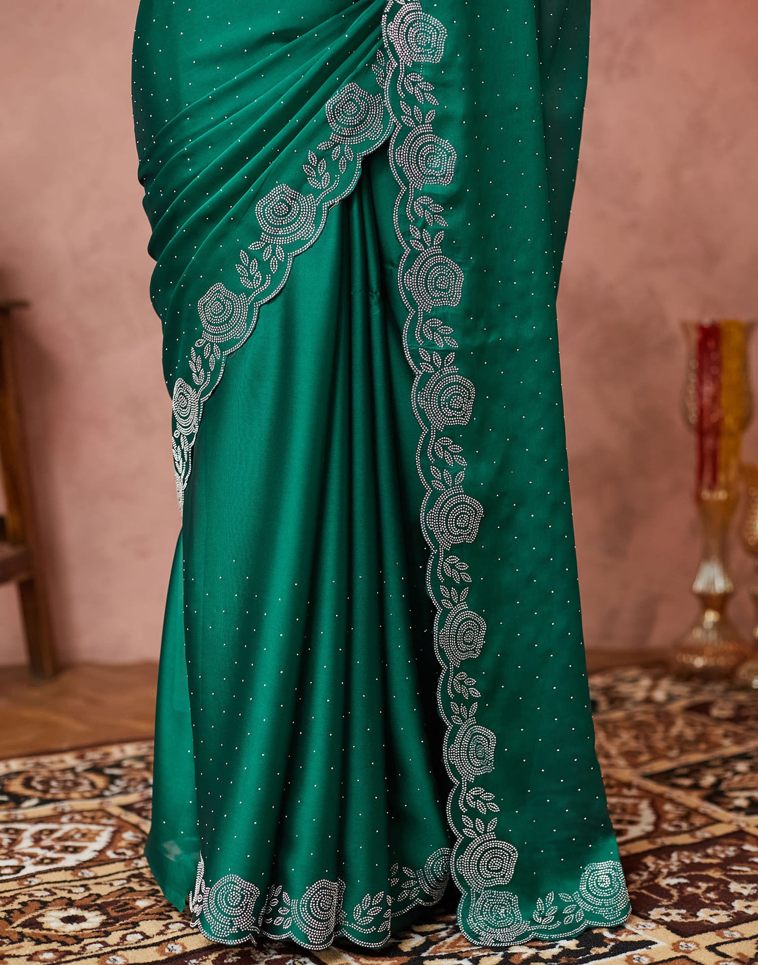 Dark Green Georgette Stone Work Swarovski Saree