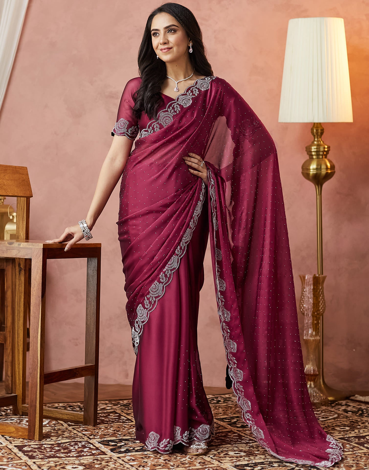 Wine Georgette Stone Work Swarovski Saree