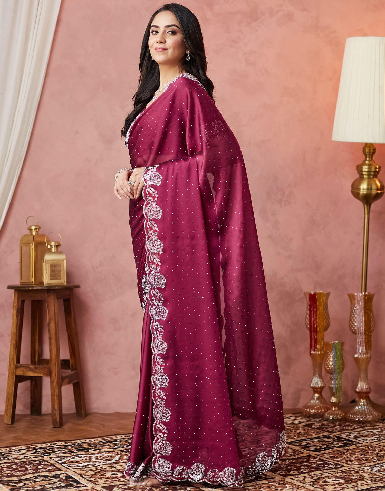 Wine Georgette Stone Work Swarovski Saree