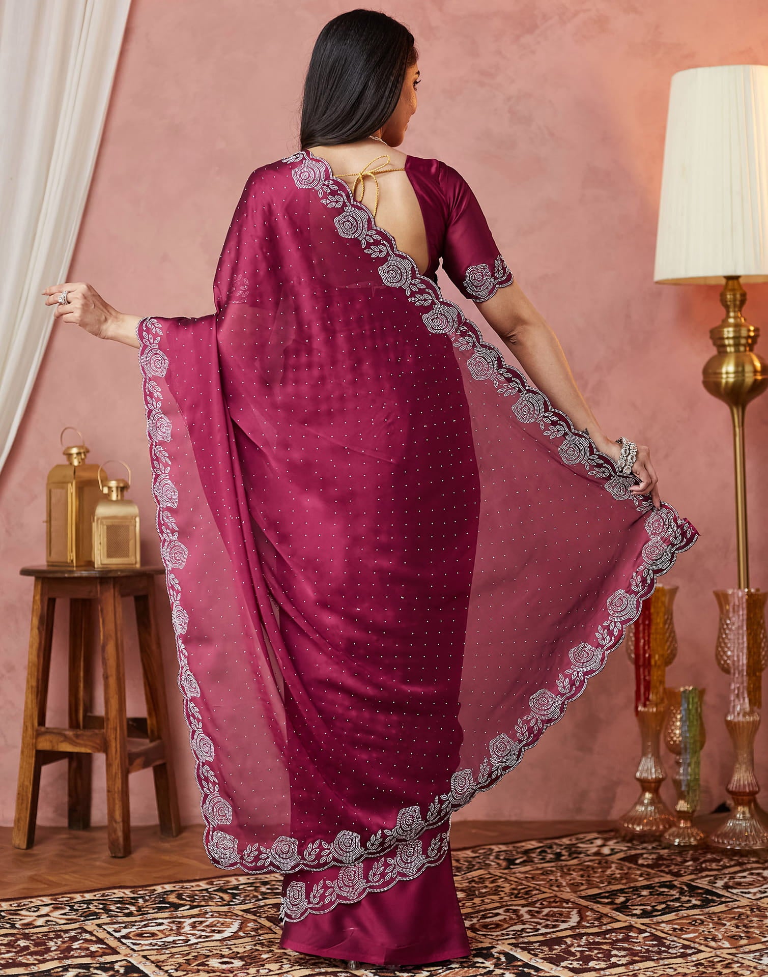 Wine Georgette Stone Work Swarovski Saree