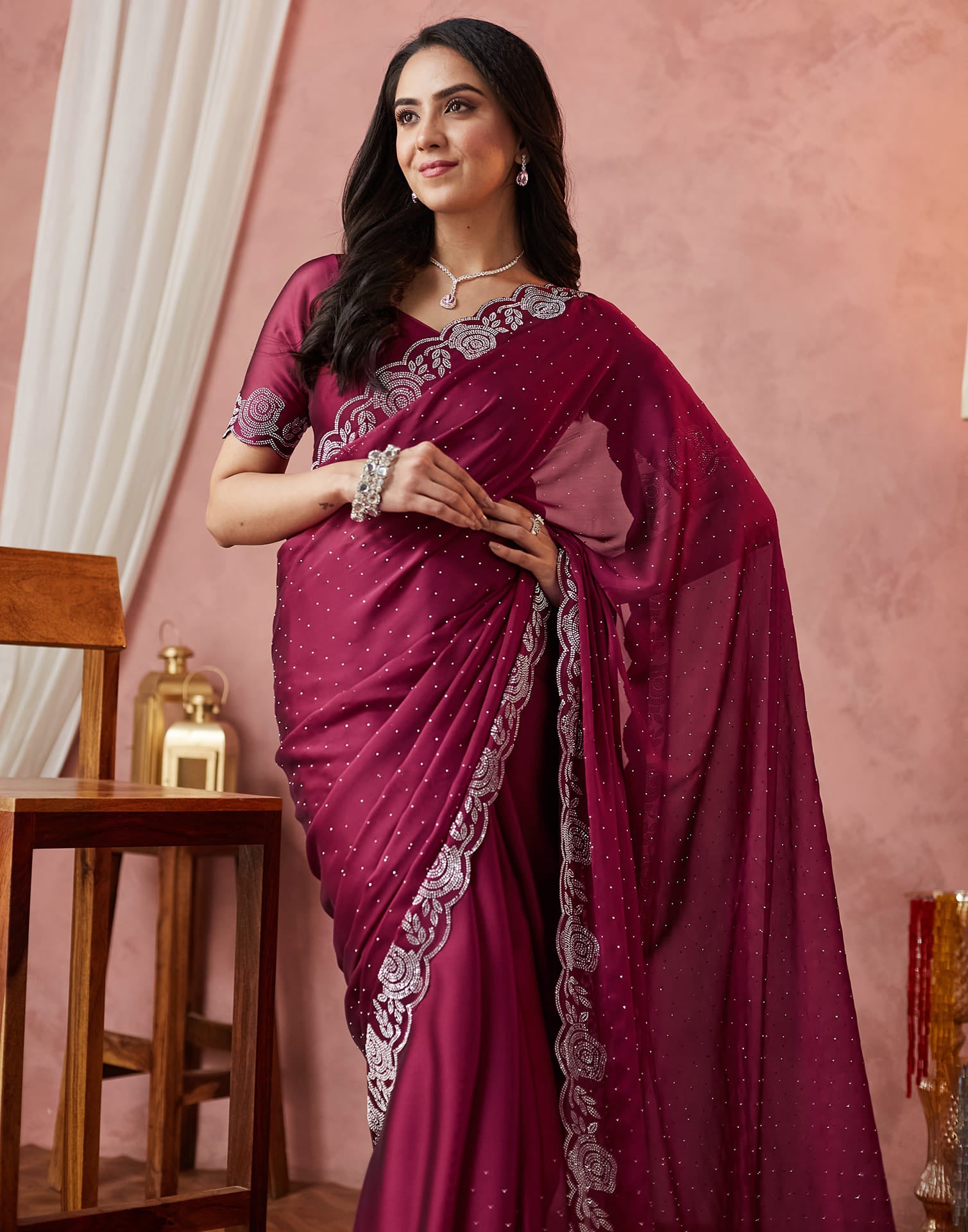 Wine Georgette Stone Work Swarovski Saree