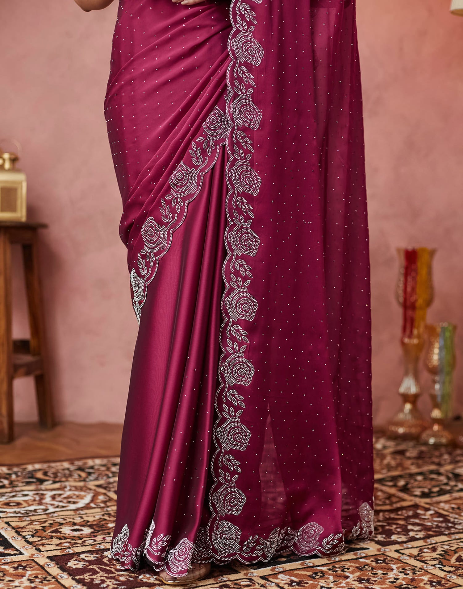 Wine Georgette Stone Work Swarovski Saree