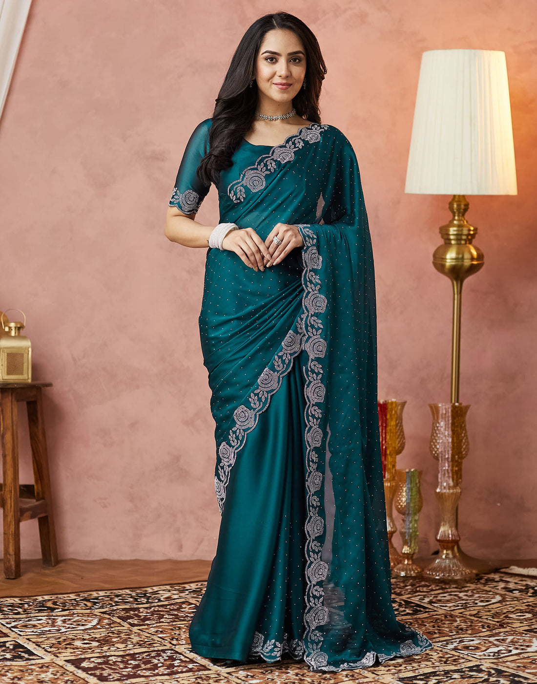 Dark Rama Green Georgette Swarovski Embellished Saree