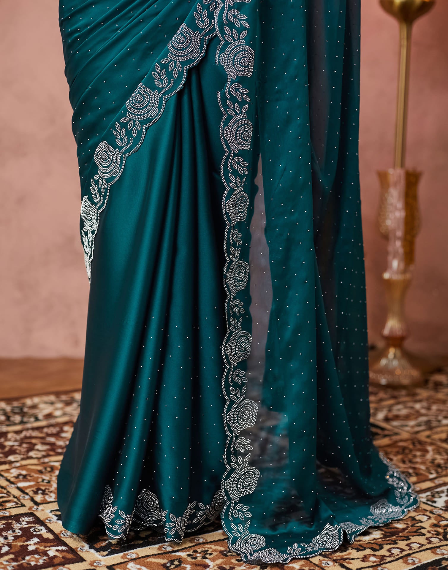 Dark Rama Green Georgette Stone Work Swarovski Saree