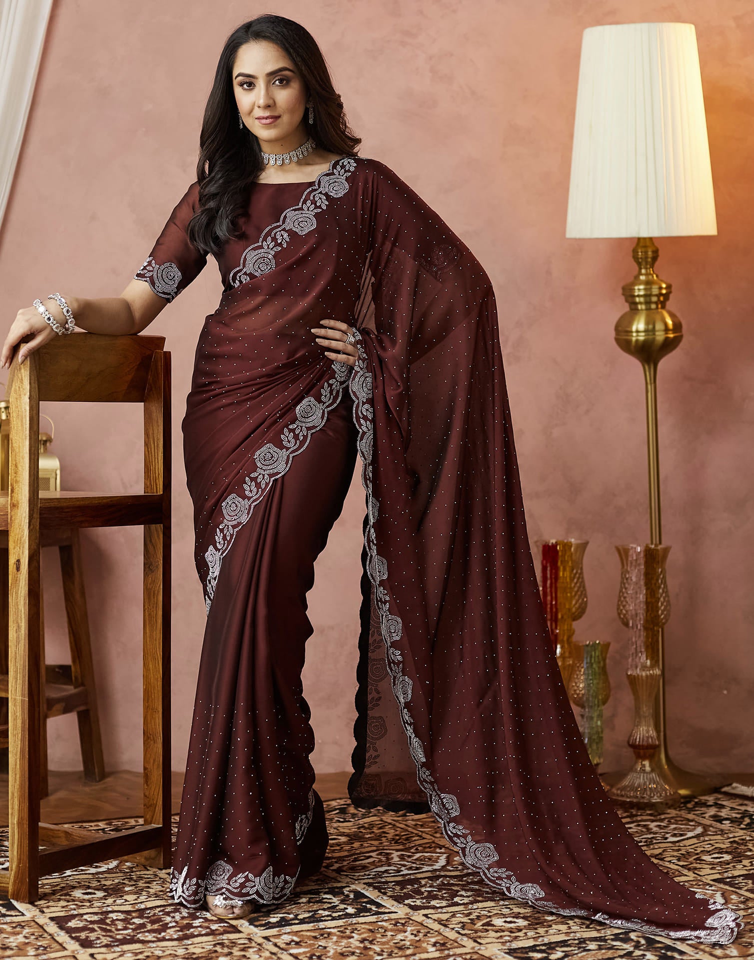 Brown Georgette Stone Work Swarovski Saree