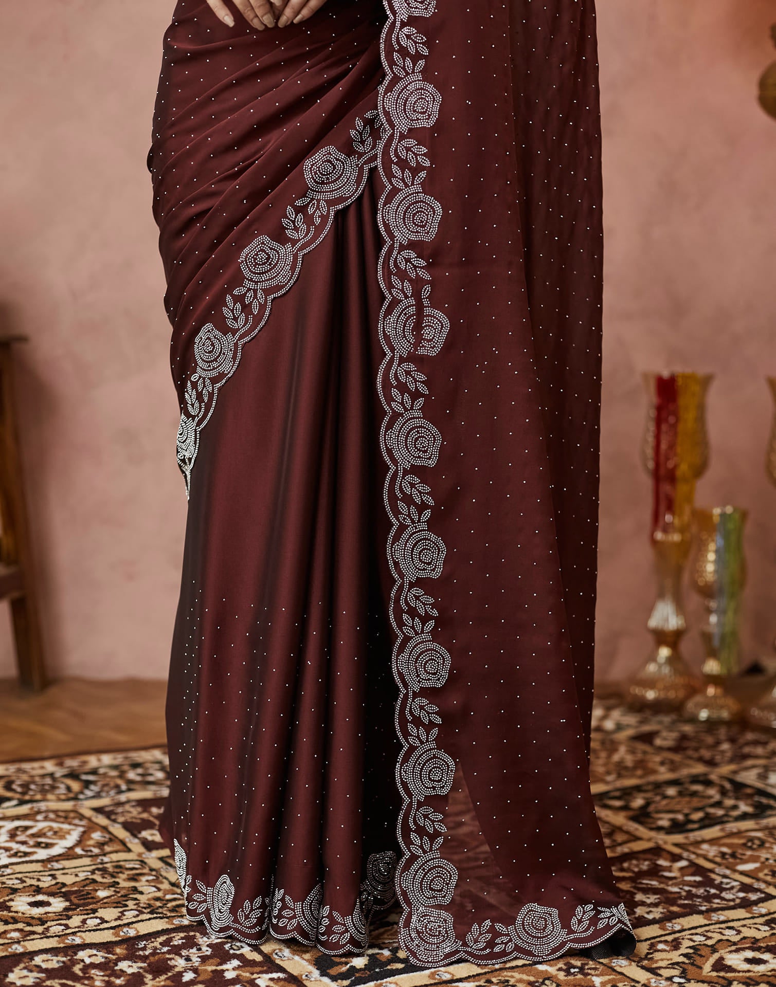 Brown Georgette Stone Work Swarovski Saree