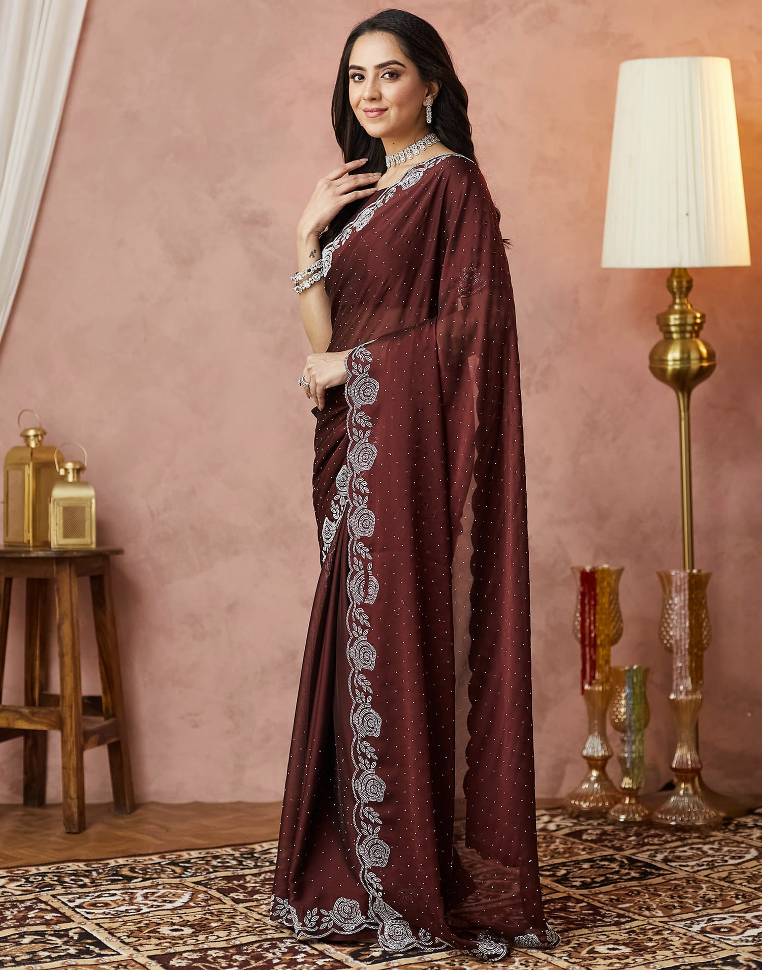 Brown Georgette Stone Work Swarovski Saree