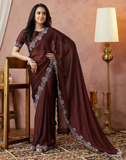 Brown Georgette Stone Work Swarovski Saree