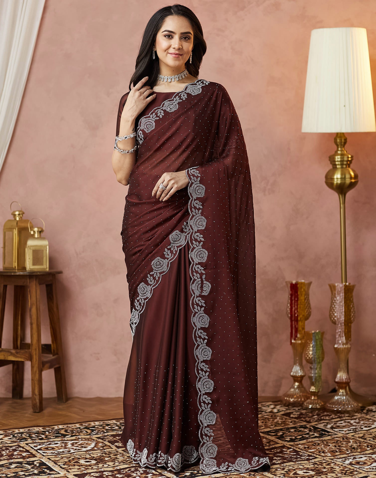 Brown Georgette Stone Work Swarovski Saree