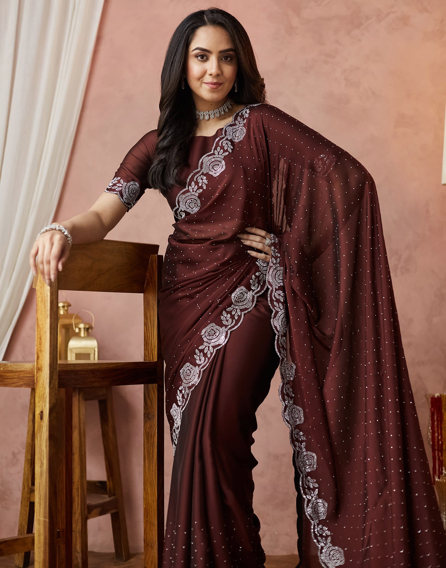 Brown Georgette Stone Work Swarovski Saree