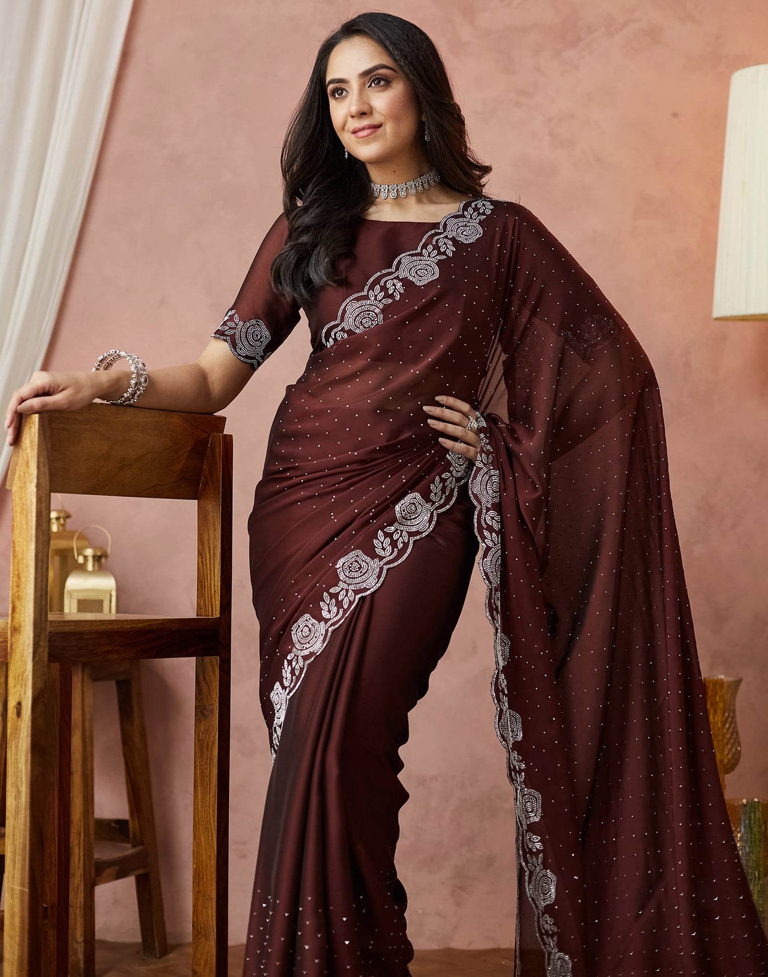 Brown Georgette Stone Work Swarovski Saree