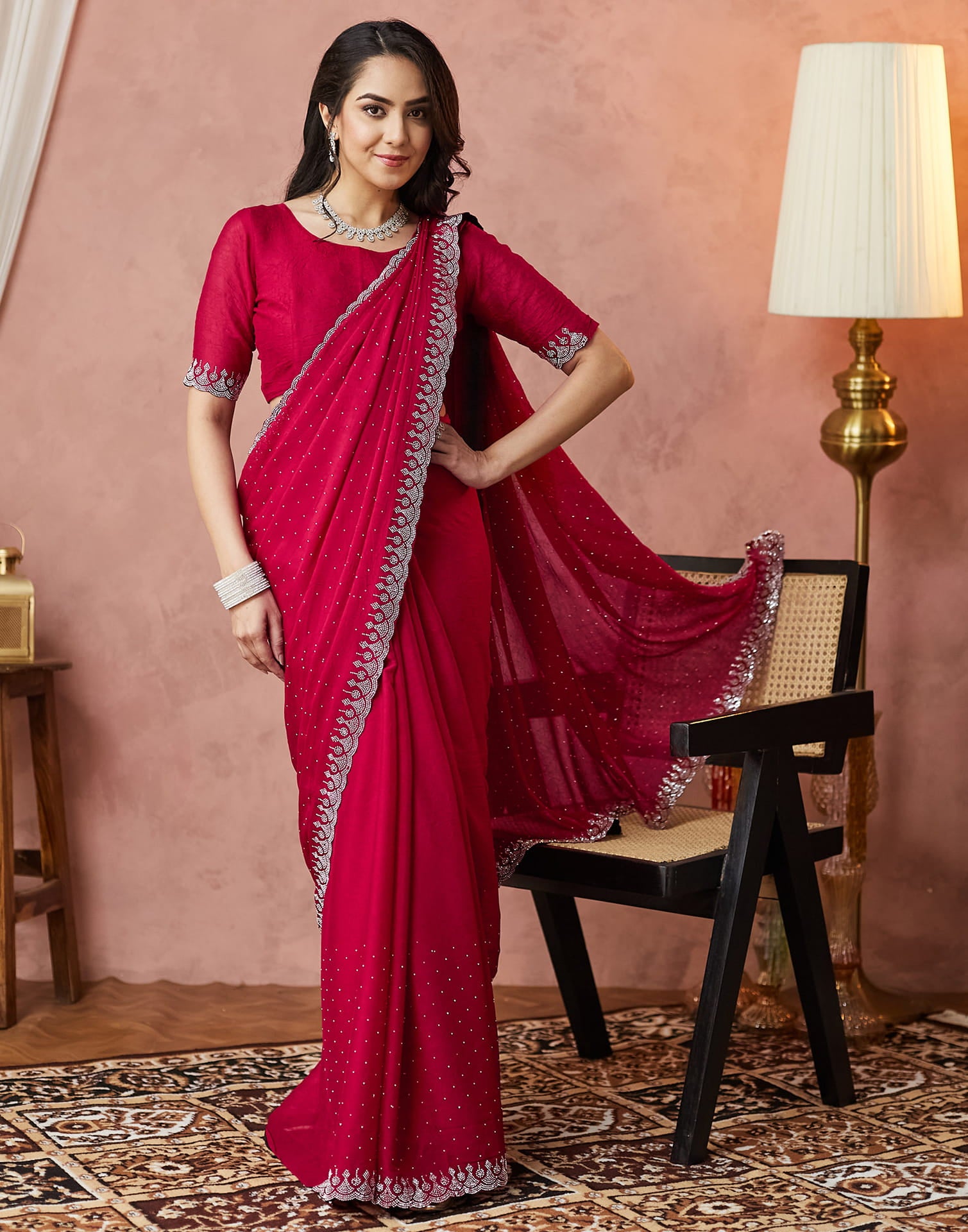 Rani Pink Georgette Stone Work Swarovski Saree