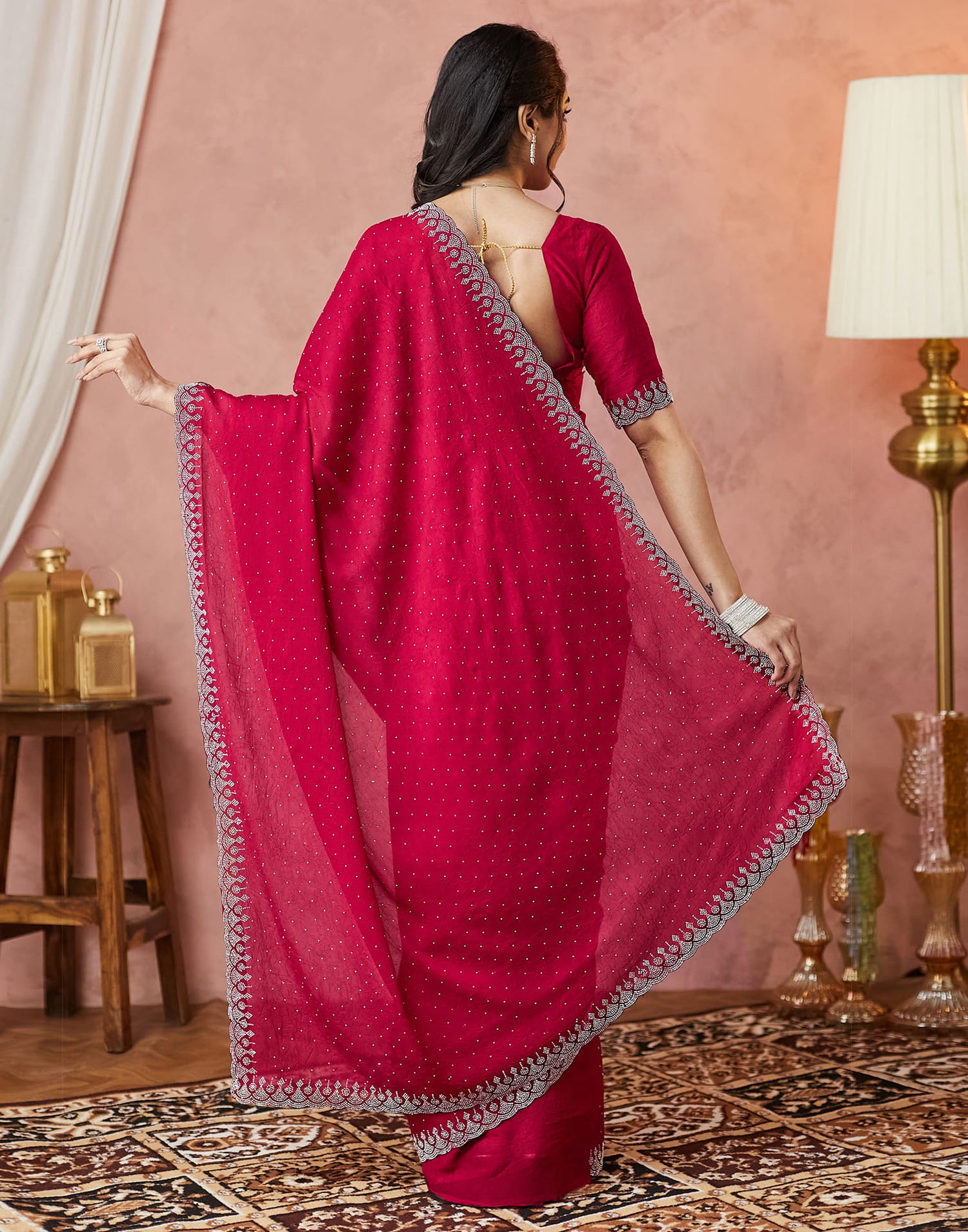 Rani Pink Georgette Stone Work Swarovski Saree