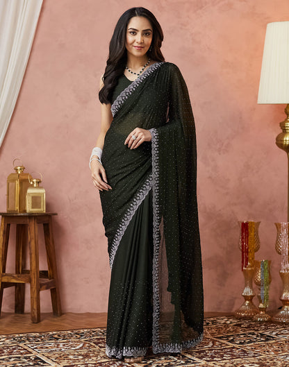 Dark Olive Green Georgette Stone Work Swarovski Saree