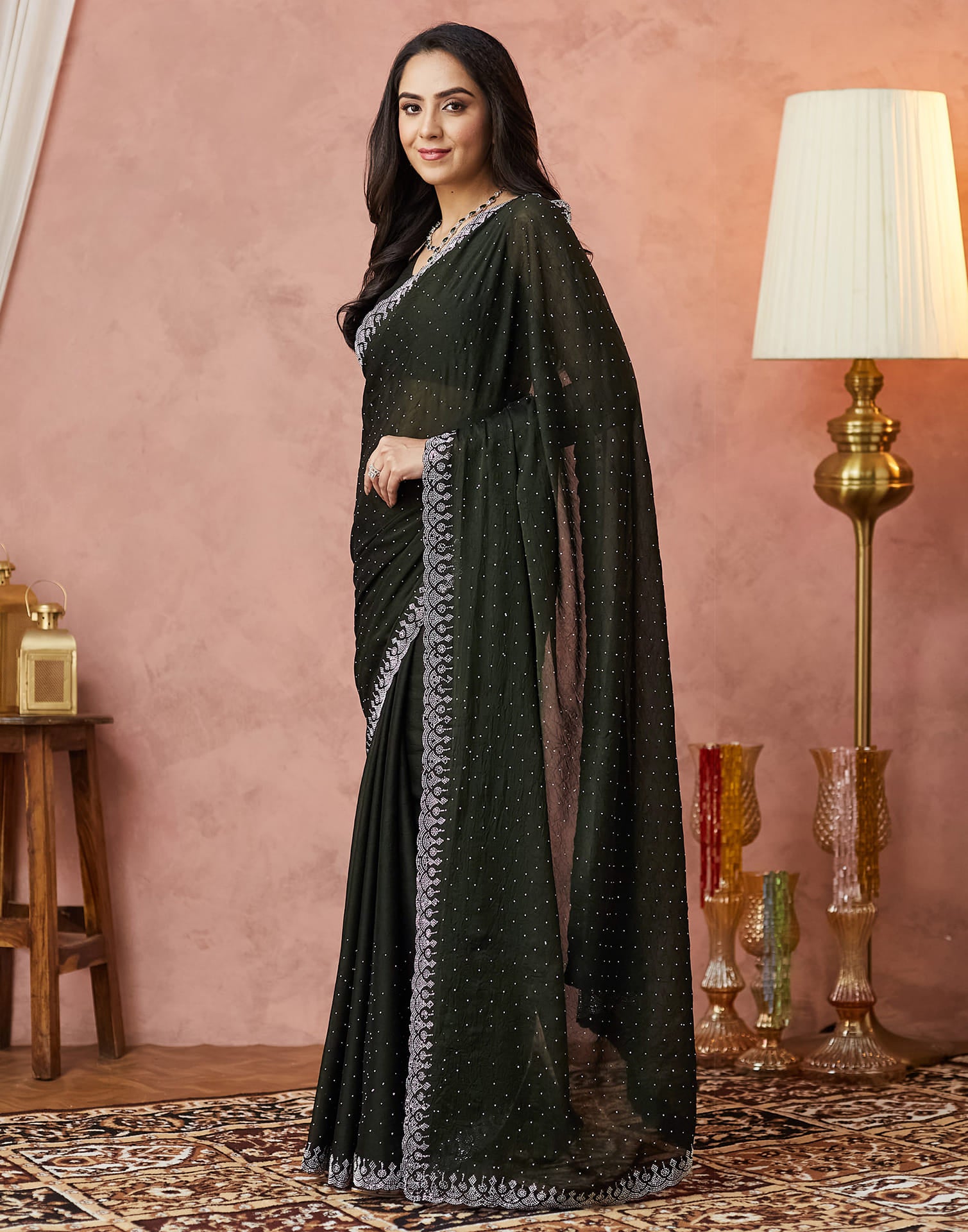 Dark Olive Green Georgette Stone Work Swarovski Saree