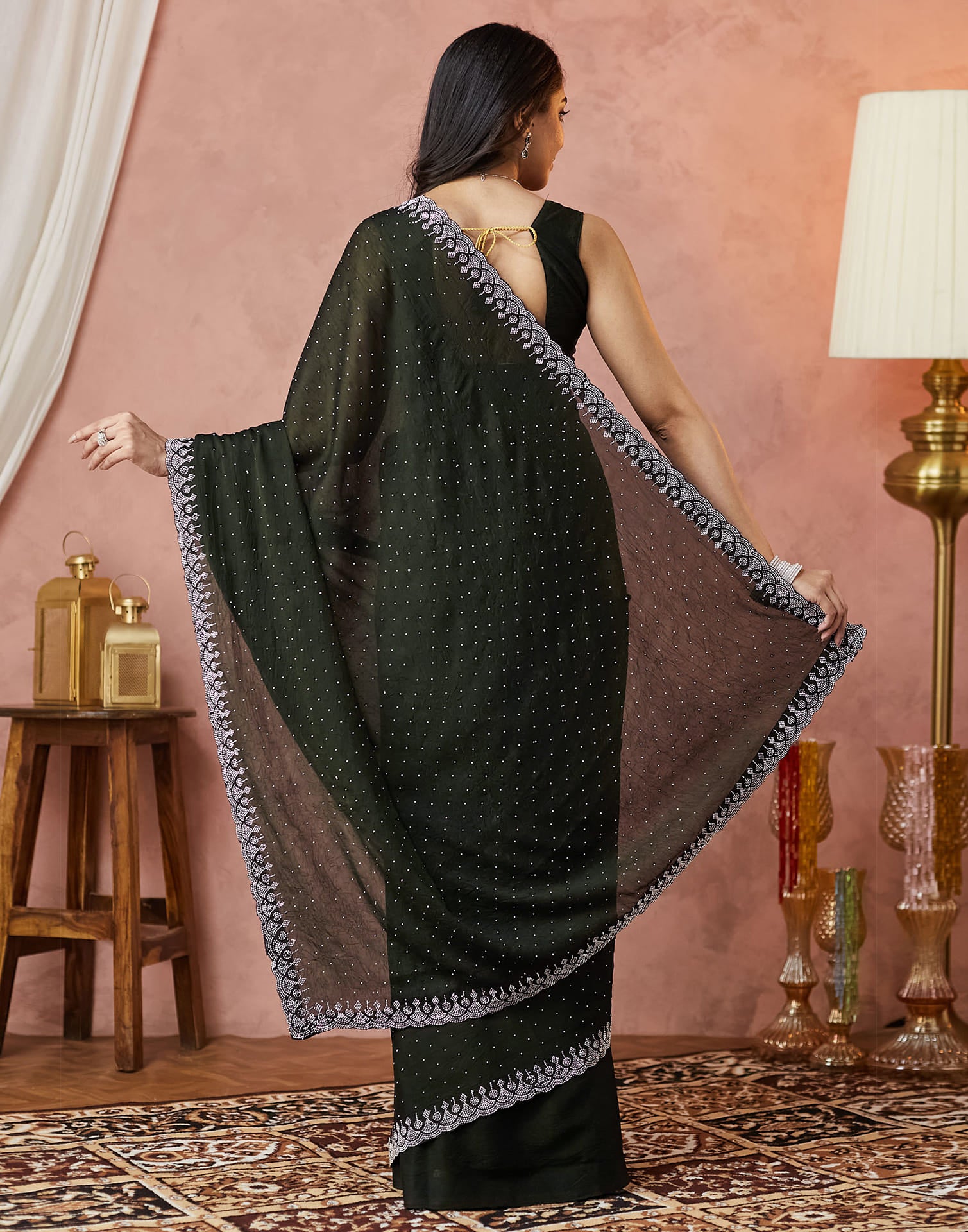 Dark Olive Green Georgette Stone Work Swarovski Saree