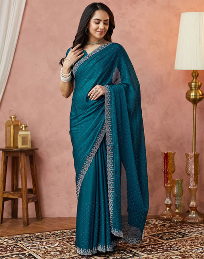 Rama Blue Georgette Stone Work Swarovski Saree