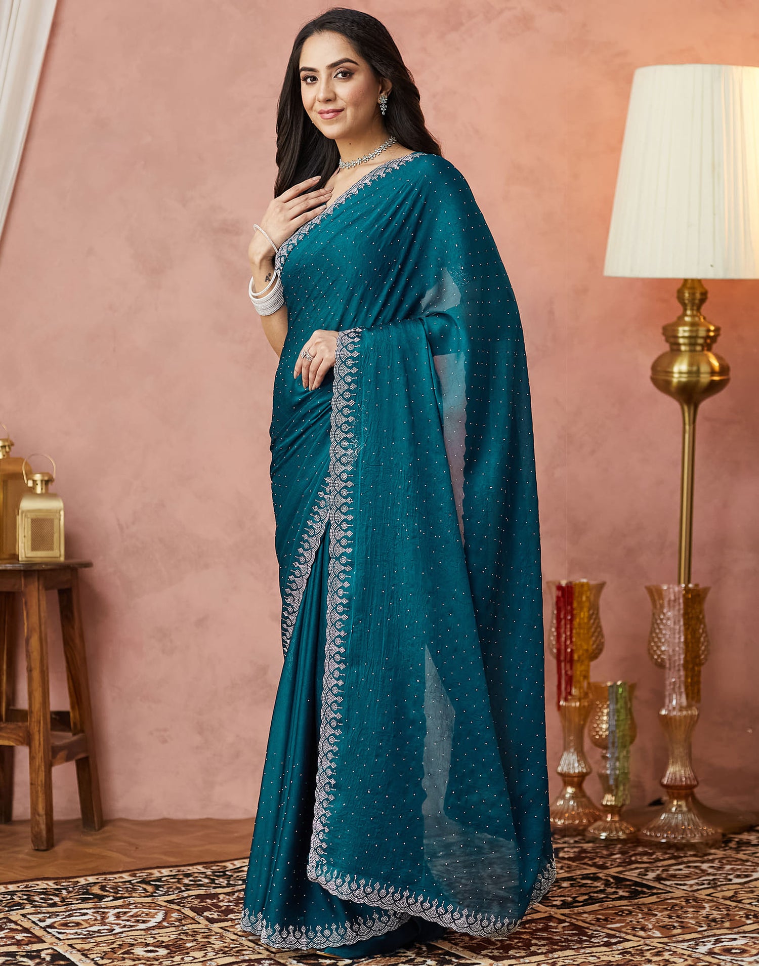 Rama Blue Georgette Stone Work Swarovski Saree