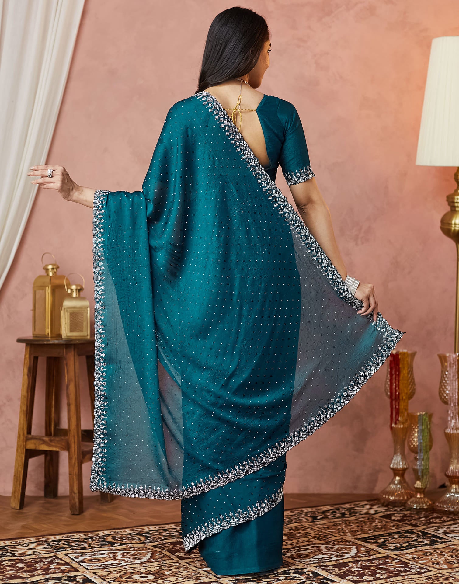 Rama Blue Georgette Stone Work Swarovski Saree