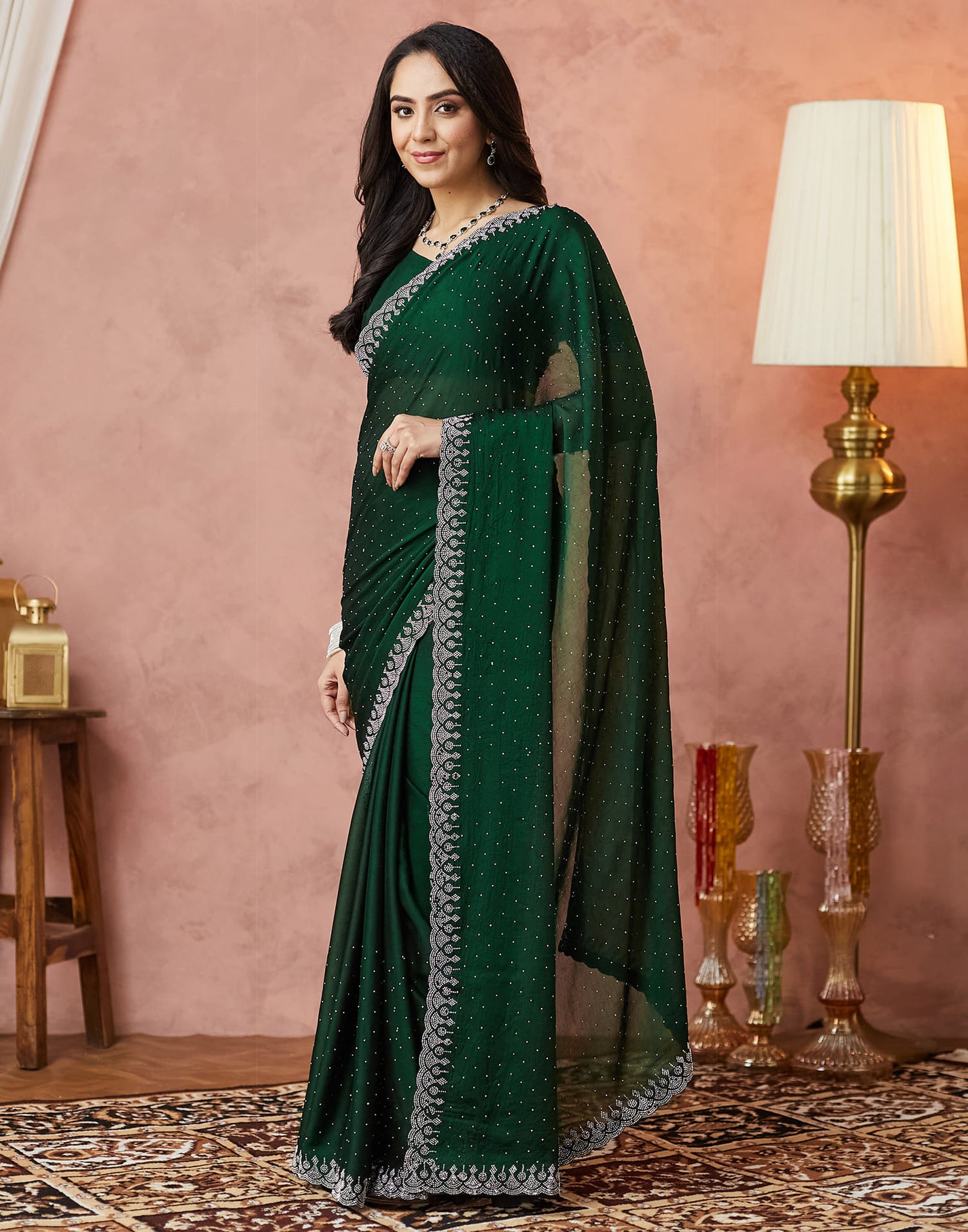 Dark Green Georgette Stone Work Swarovski Saree