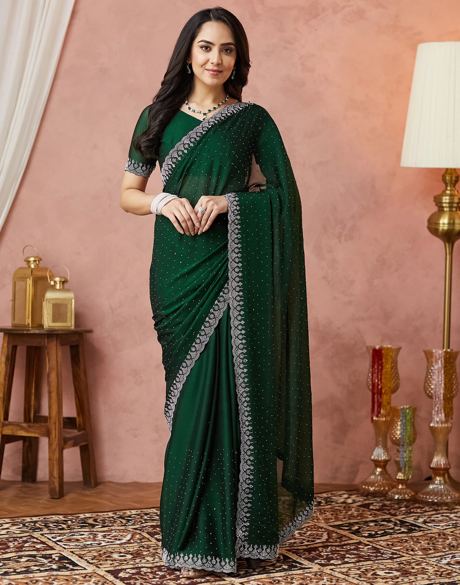 Dark Green Georgette Stone Work Swarovski Saree