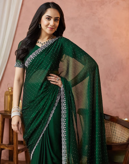 Dark Green Georgette Stone Work Swarovski Saree