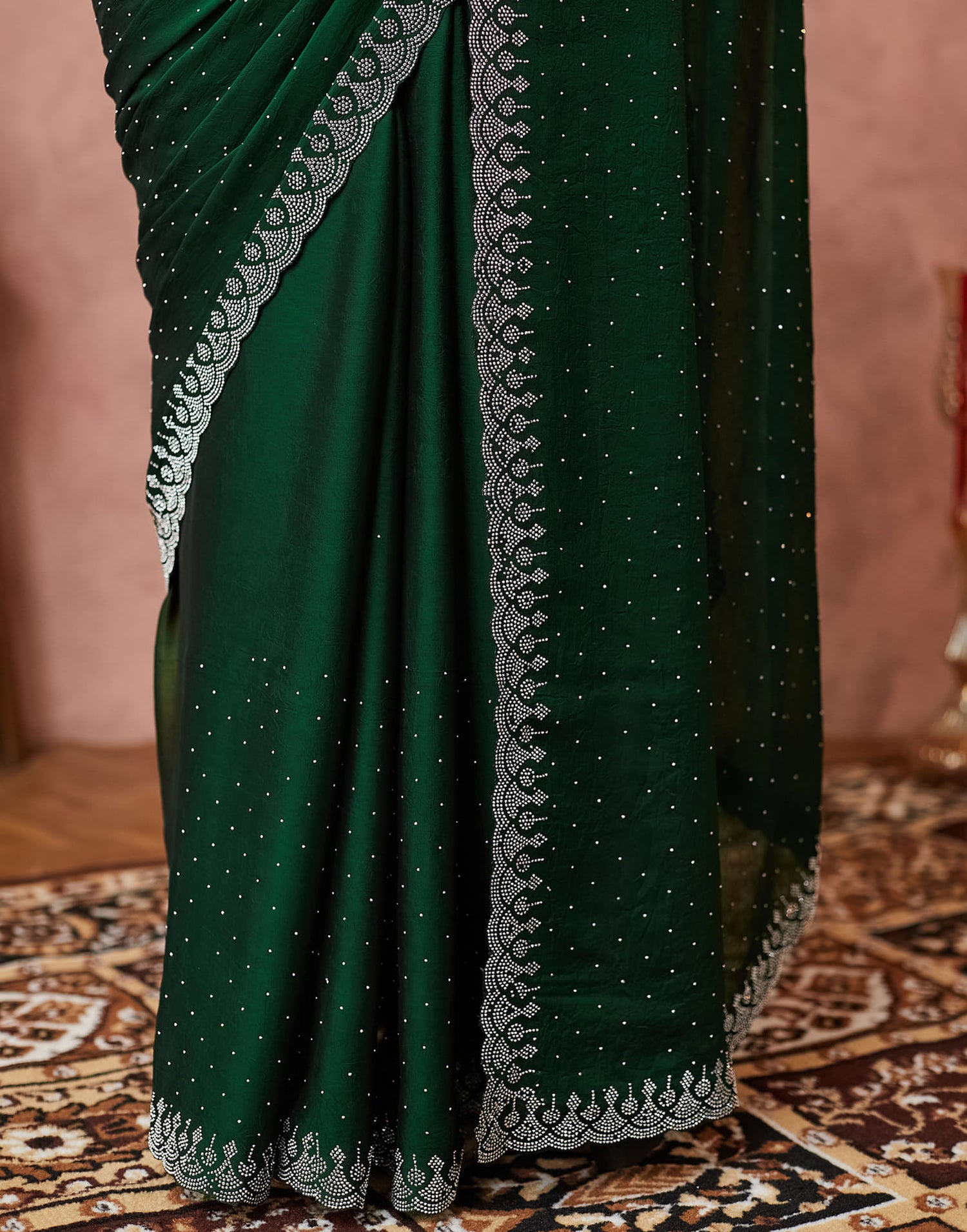 Dark Green Georgette Stone Work Swarovski Saree